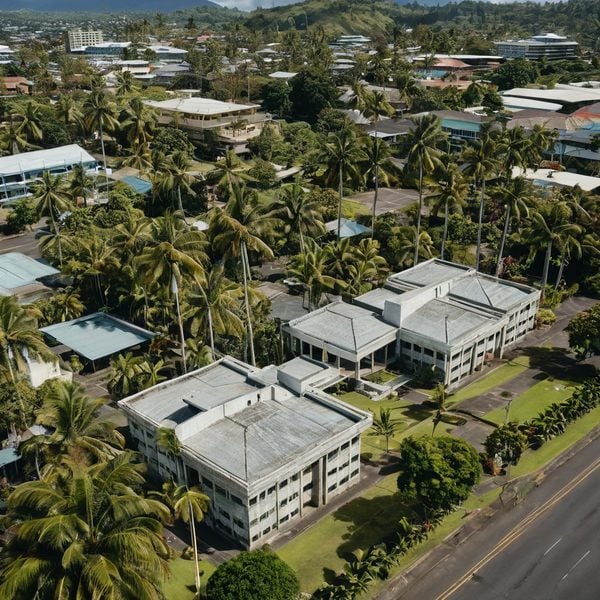 Aerial view of Fiji Global News office surrounded by lush palm trees and tropical vegetation.