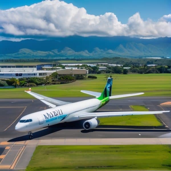 Airplane on Fiji airport runway with lush green landscape and mountains in the background.