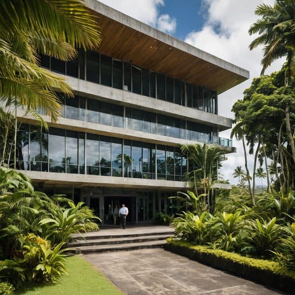 Modern tropical office building with lush greenery in Fiji.