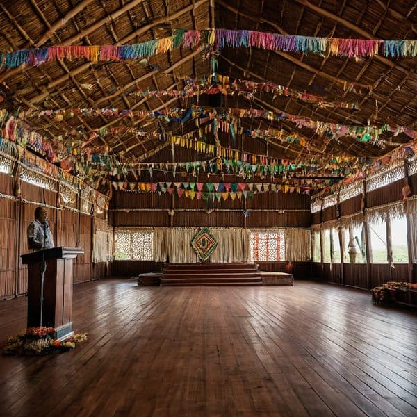 Interior of a traditional Fiji celebration hall decorated with vibrant banners and bamboo walls.