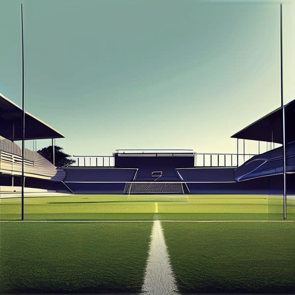 Stadium view with lush green field and empty stands in Fiji.