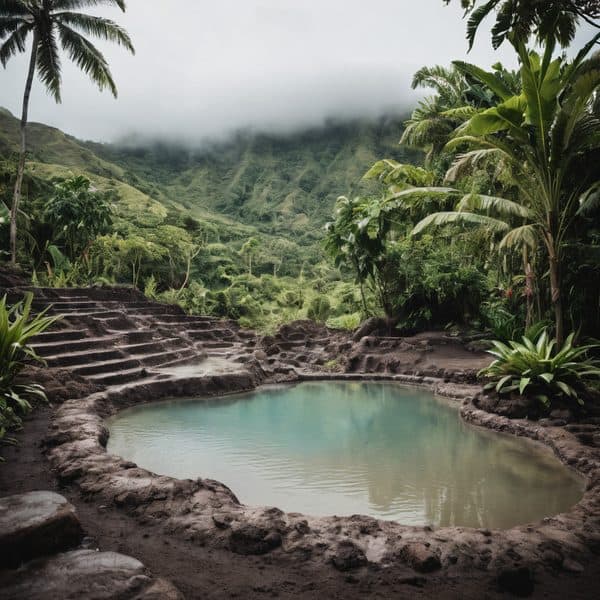 Natural hot spring surrounded by lush tropical greenery in Fiji.