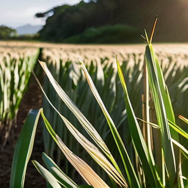 Sugarcane plantation in Fiji with tall, healthy green stalks under bright sunlight.