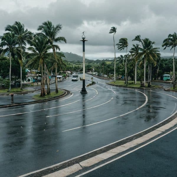 Wet road with palm trees and cloudy sky in Fiji after rain.