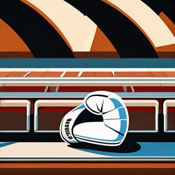 Boxing glove resting on a boxing ring in a sports arena.