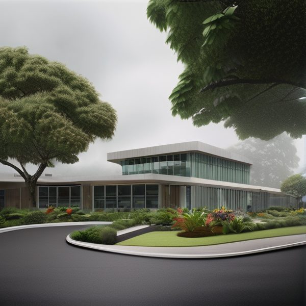 Fiji modern office building surrounded by greenery and foggy weather.
