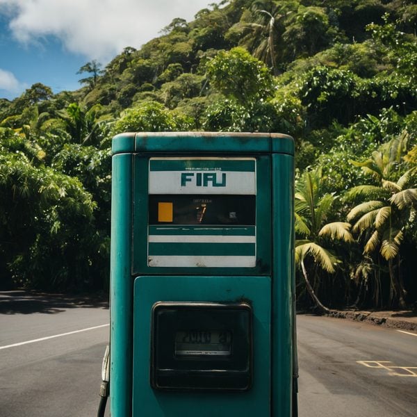 Fuel pump with Fiji logo on a tropical island road.