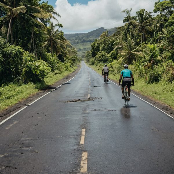 Cyclists riding on a rural Fiji road surrounded by tropical vegetation.