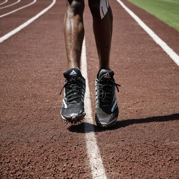 Running shoes on a sports track for athletic training and competition.