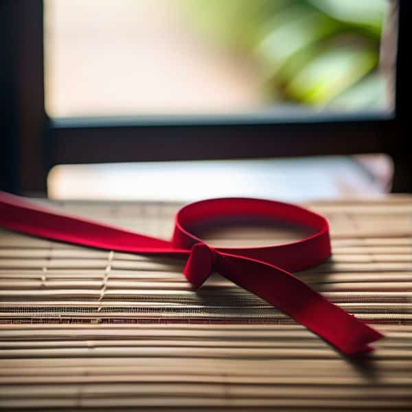 Red ribbon on bamboo mat near window.