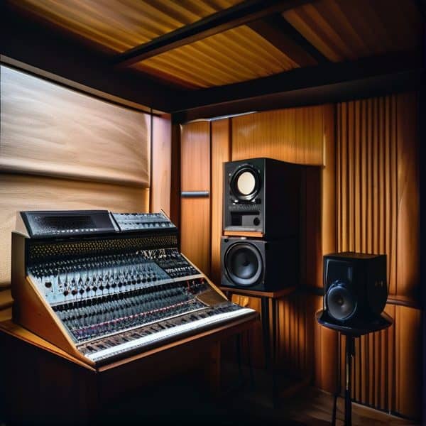 Professional recording studio with mixing console and speakers.