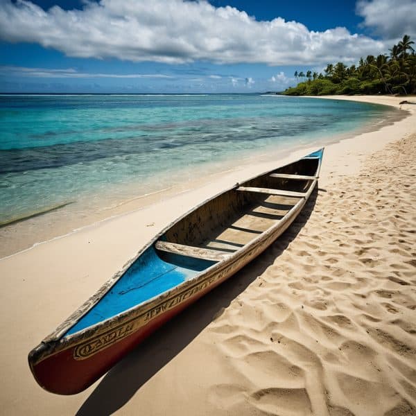Traditional wooden canoe on a tropical Fiji beach with clear turquoise waters.