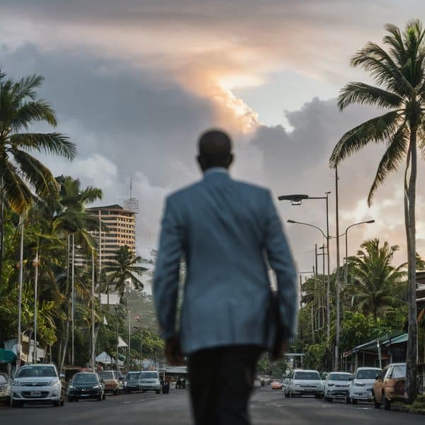 Urban businessman walking in city street with palm trees at sunset.
