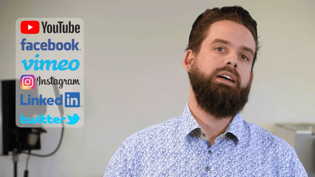 Kevin stands next to the 6 main social media platforms talking about Social Media Videos Video platforms.
