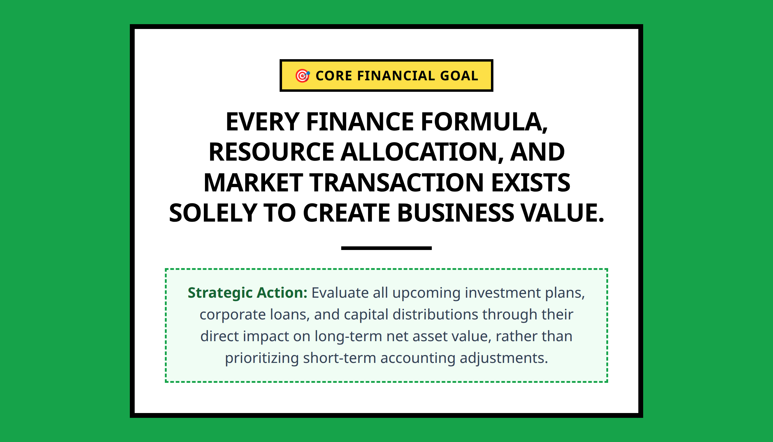 Mini poster containing the central takeaway of corporate finance value creation