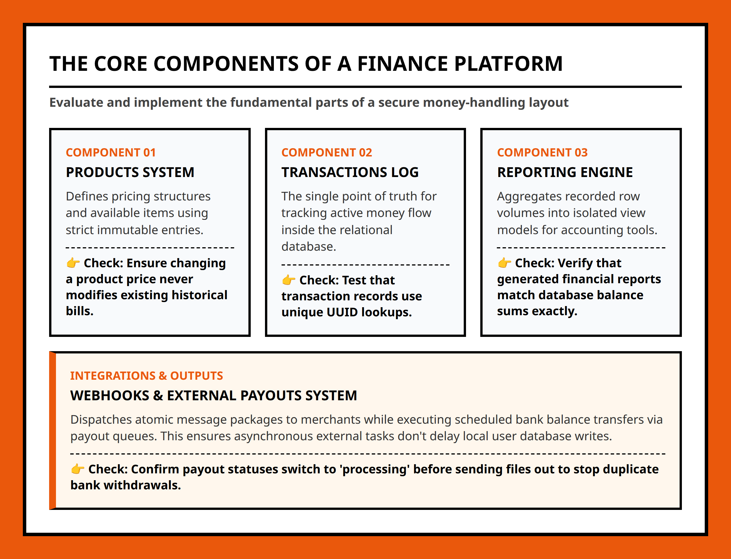 Card grid explaining the five core components of a reliable financial architecture