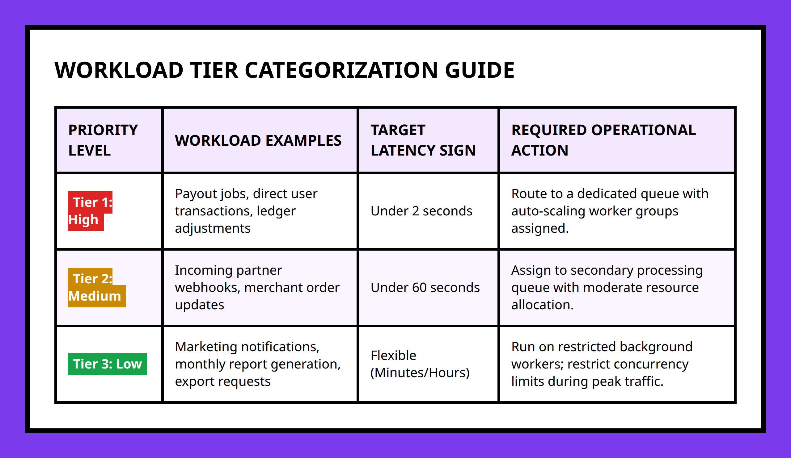 Comparison table organizing financial workload tiers by business priority and latency limits