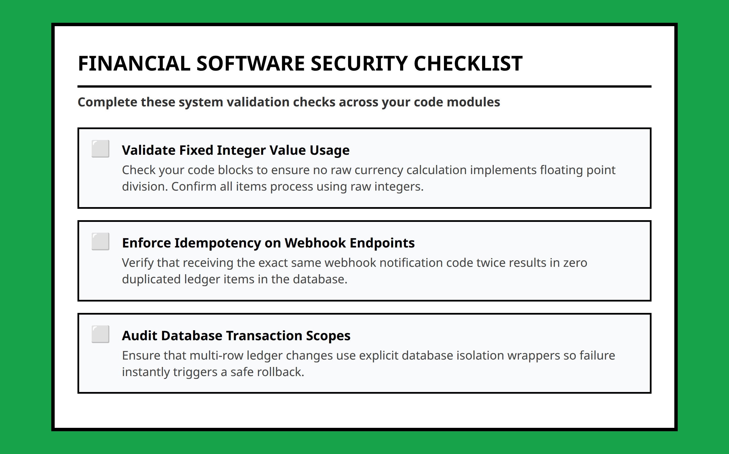 Financial architecture checklist for safety checks on money values database and errors