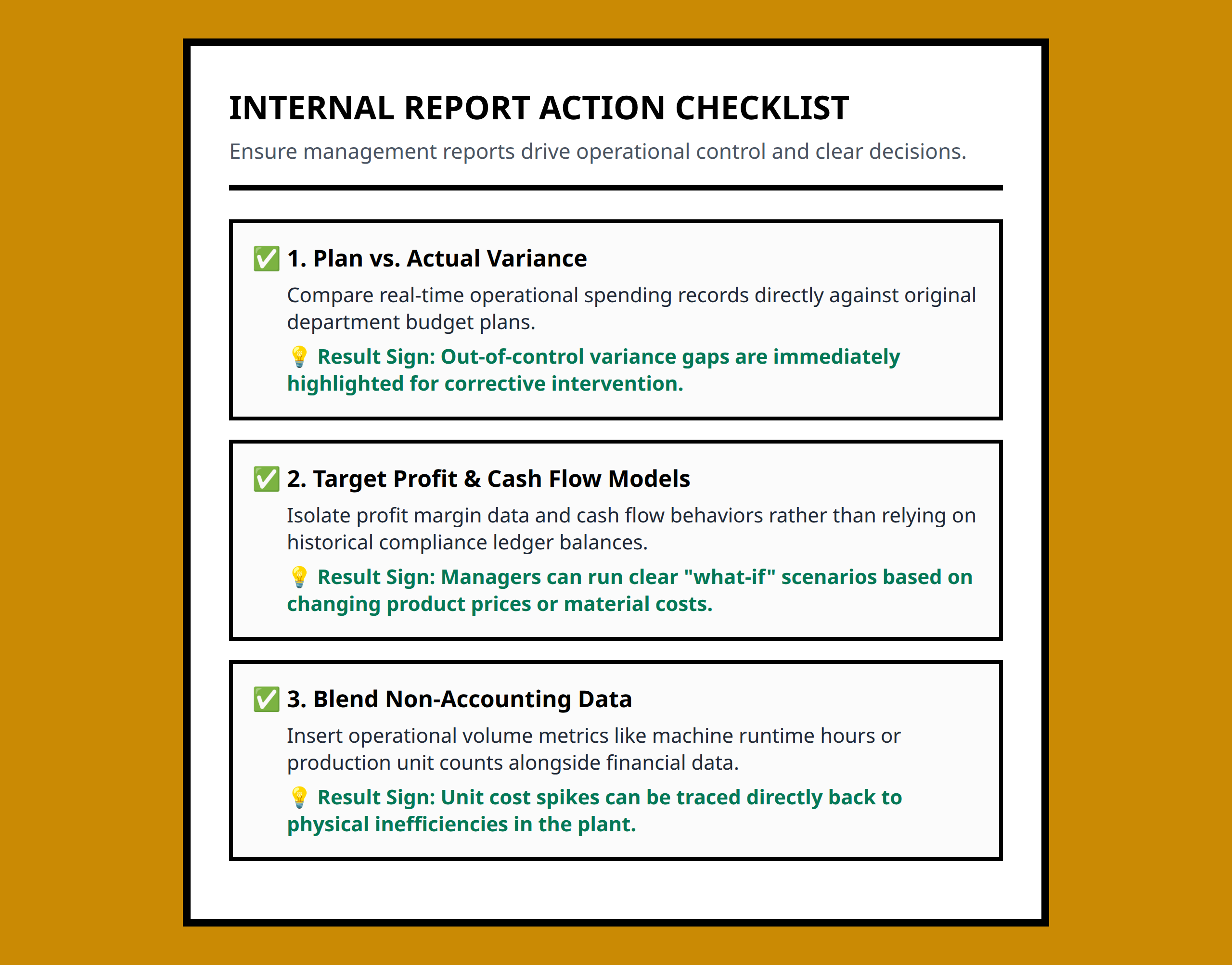 Checklist for creating effective internal management control and decision reports