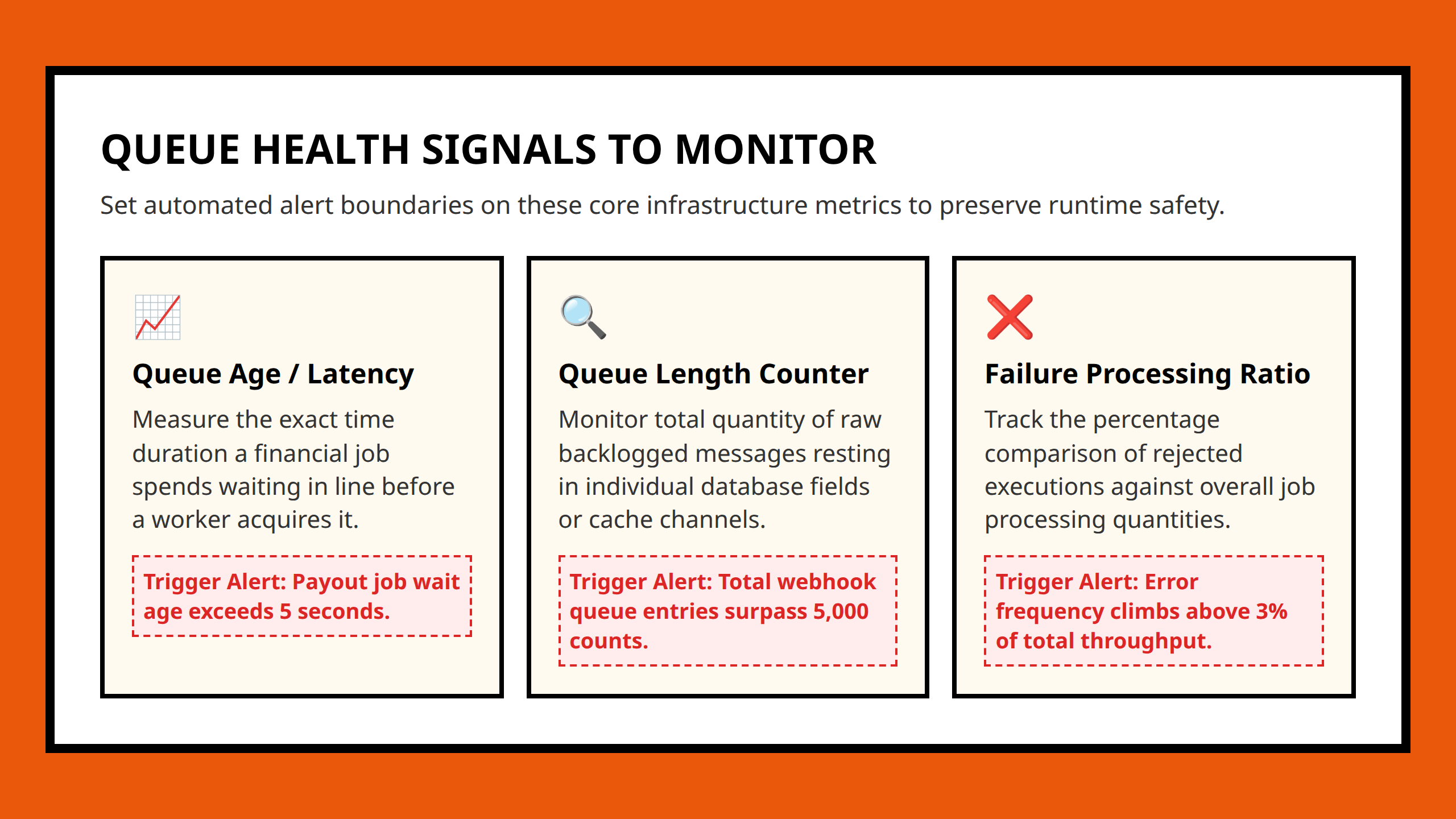 Card grid outlining vital monitoring metrics to detect background queue backlogs