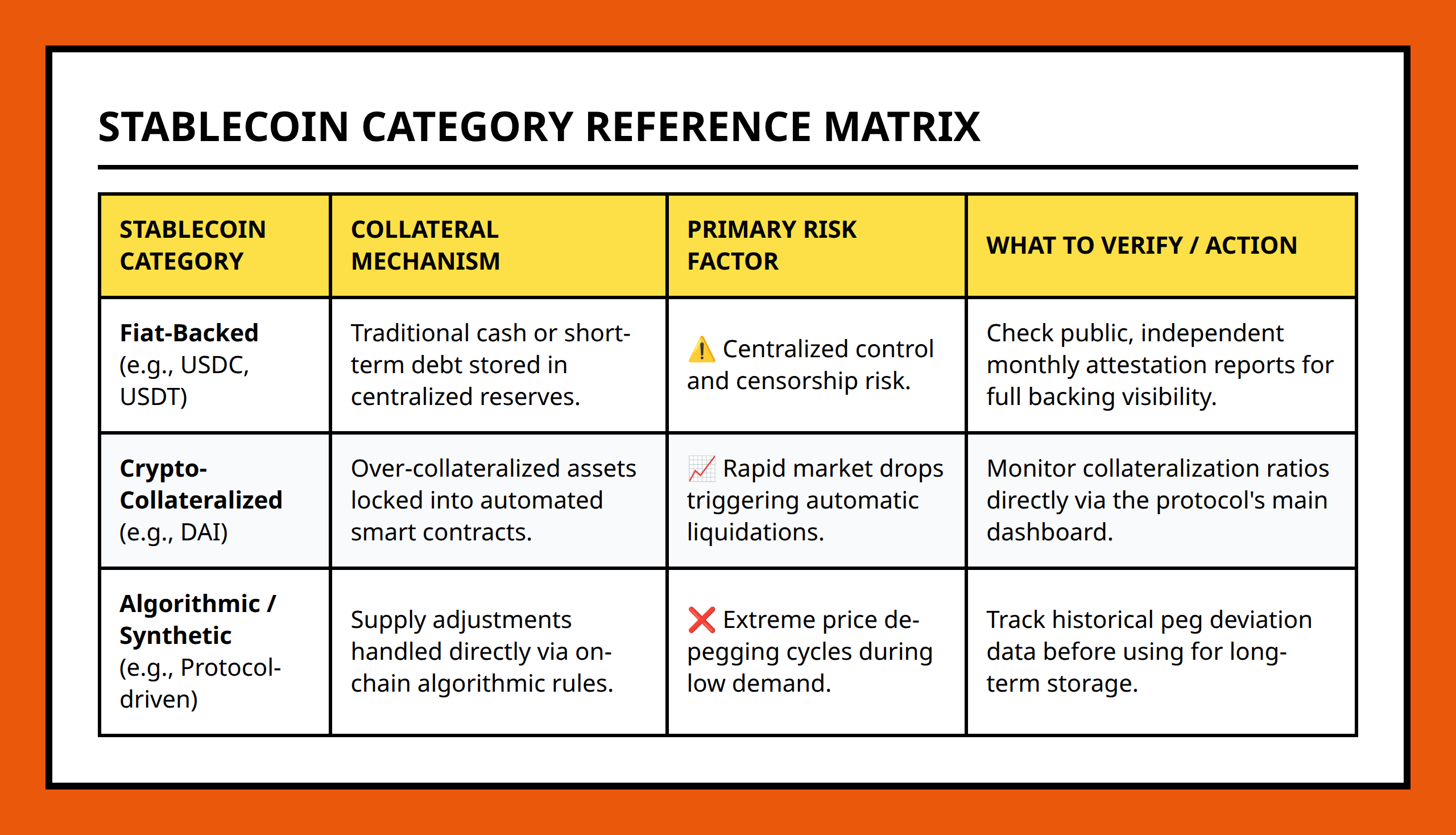 Comparison table of fiat-backed, crypto-collateralized, and algorithmic stablecoins detailing mechanisms and safety checks