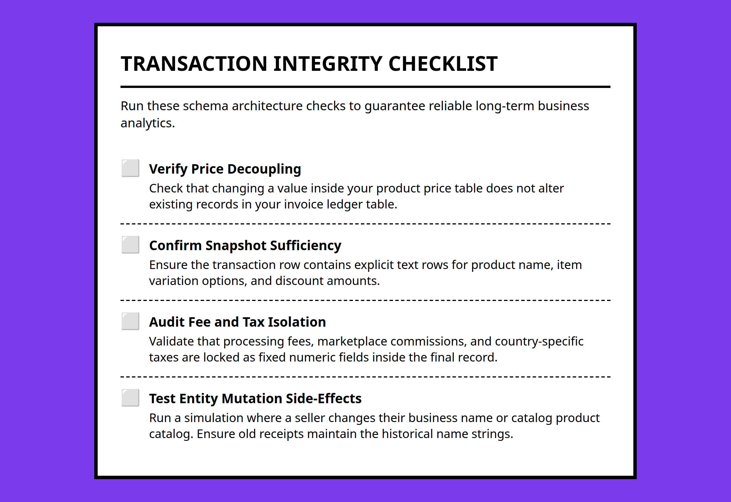 Database design verification checklist for transaction records architecture validation.