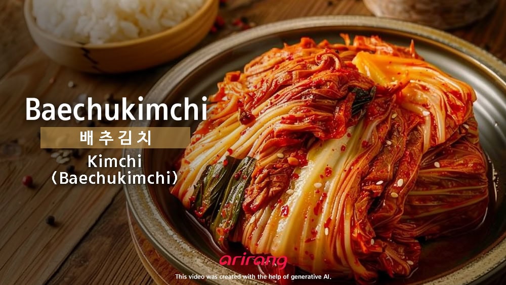 Appetizing traditional Korean napa cabbage Kimchi (Baechu-kimchi) seasoned with rich red chili flakes.