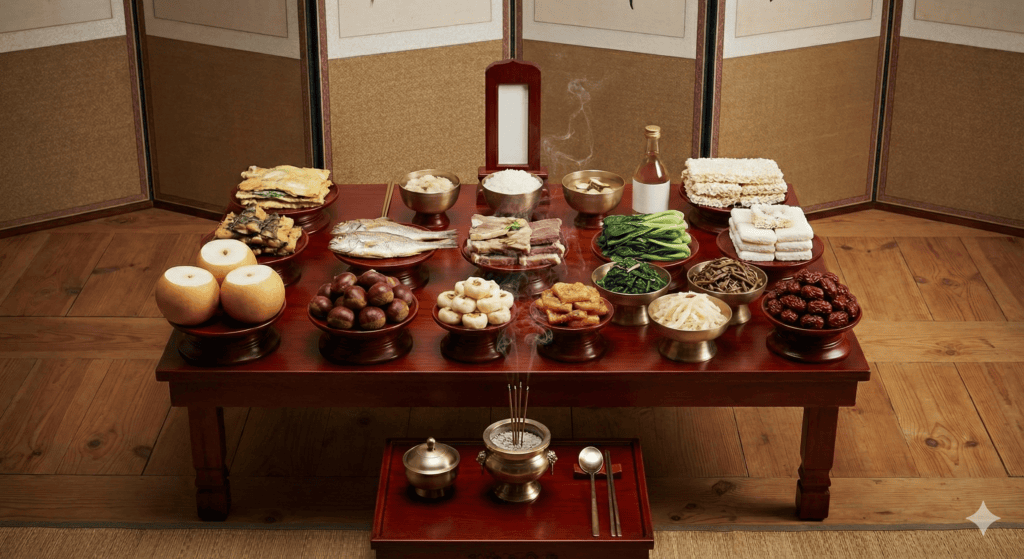 A meticulously arranged traditional Korean ancestral rite table (Jesa) with various ceremonial foods.