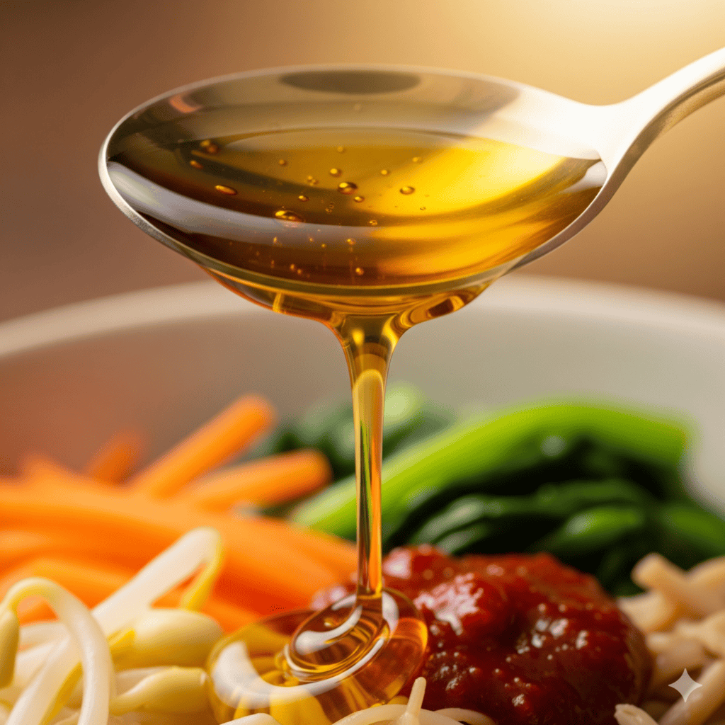 Drizzling nutty sesame oil over Bibimbap to add a glossy finish and rich aroma.