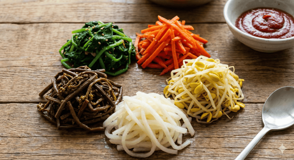 Five colorful Korean seasoned vegetables (Namul) and a bowl of spicy red chili paste (Gochujang) for Bibimbap.
