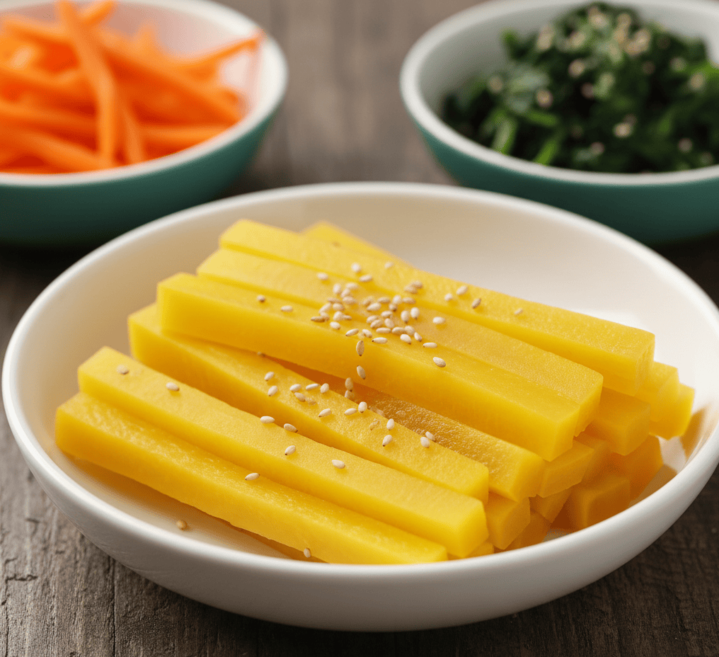 "Bright yellow, crunchy, and sweet-and-sour Korean pickled radish (Danmuji)."