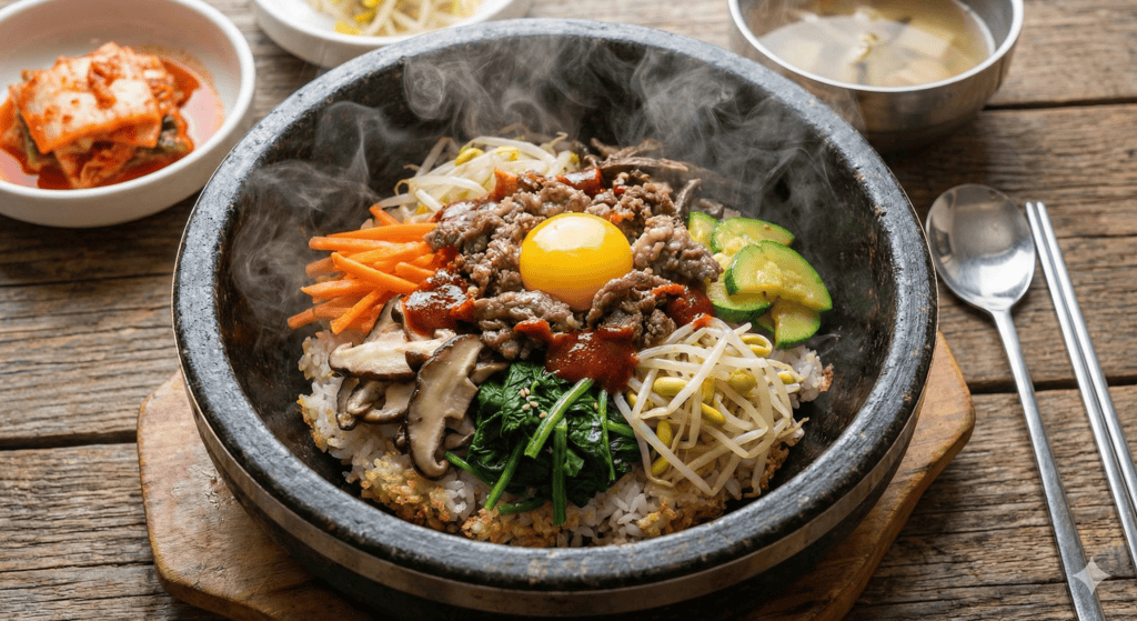 Sizzling Korean Dolsot-bibimbap served in a hot stone bowl with colorful vegetables and a fried egg.