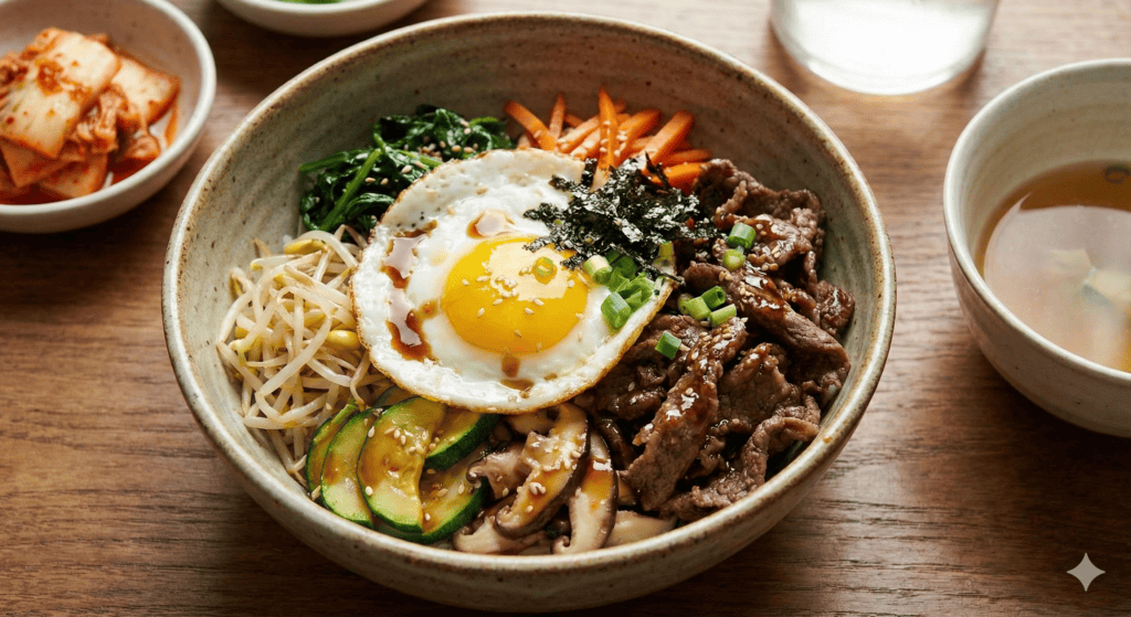 Hearty traditional Korean Bibimbap topped with seasoned minced beef and colorful vegetables.
