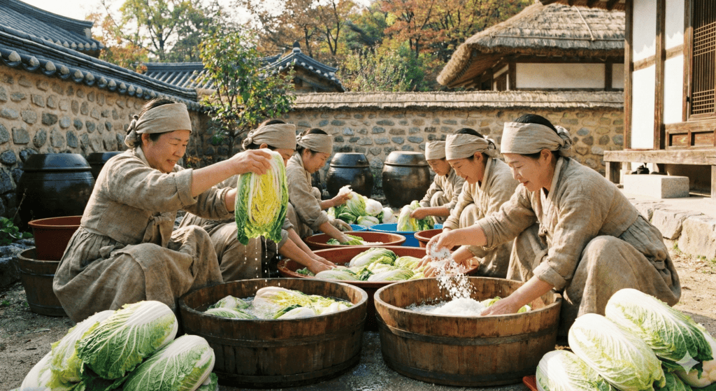 A candid photograph capturing a bustling community Gimjang (Kimchi-making) scene in a traditional Korean 'Chogajip' (thatched-roof house) courtyard during the Joseon Dynasty on a warm autumn day. A group of cheerful Joseon women in traditional Hanbok are gathered together around large quantities of napa cabbage, lovingly applying red chili seasoning. They are smiling and chatting, embodying the harmonious spirit of shared labor. The courtyard is filled with countless large earthenware jars (Jangdok), baskets of vegetables, and autumn foliage, illustrating the deep historical roots and rich communal aspects of 'Gimjang: Making and Sharing Kimchi,' which is designated as a UNESCO Intangible Cultural Heritage. The light is natural and warm.