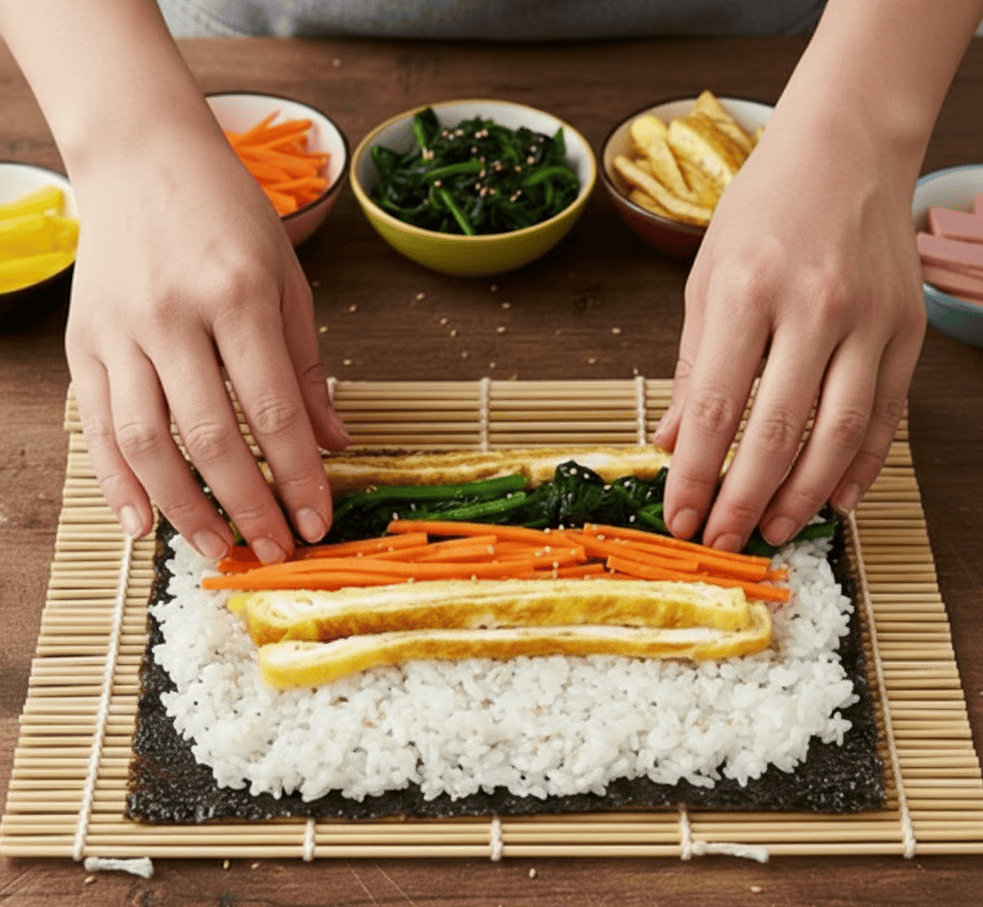 Kimbap ingredients ready to be rolled: Colorful shredded eggs and fresh vegetables layered on top of seasoned rice and seaweed.