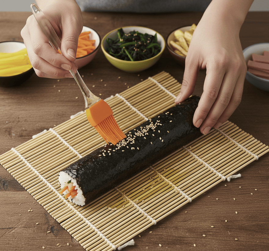 Brushing savory sesame oil and sprinkling toasted sesame seeds over freshly rolled Kimbap for a glossy finish.