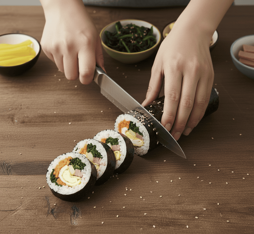 Slicing freshly rolled Kimbap with a sharp knife to reveal its colorful and vibrant inner ingredients.