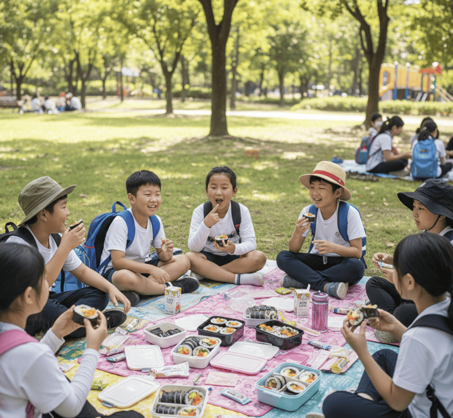 Elementary school students enjoying their colorful Kimbap lunch boxes together on a green field during a school picnic.