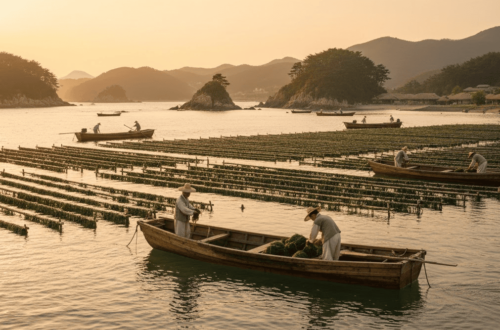 Traditional Korean seaweed (Gim) farming from the Joseon Dynasty, using the 'Seop-kkoji' method with wooden poles in the sea.
