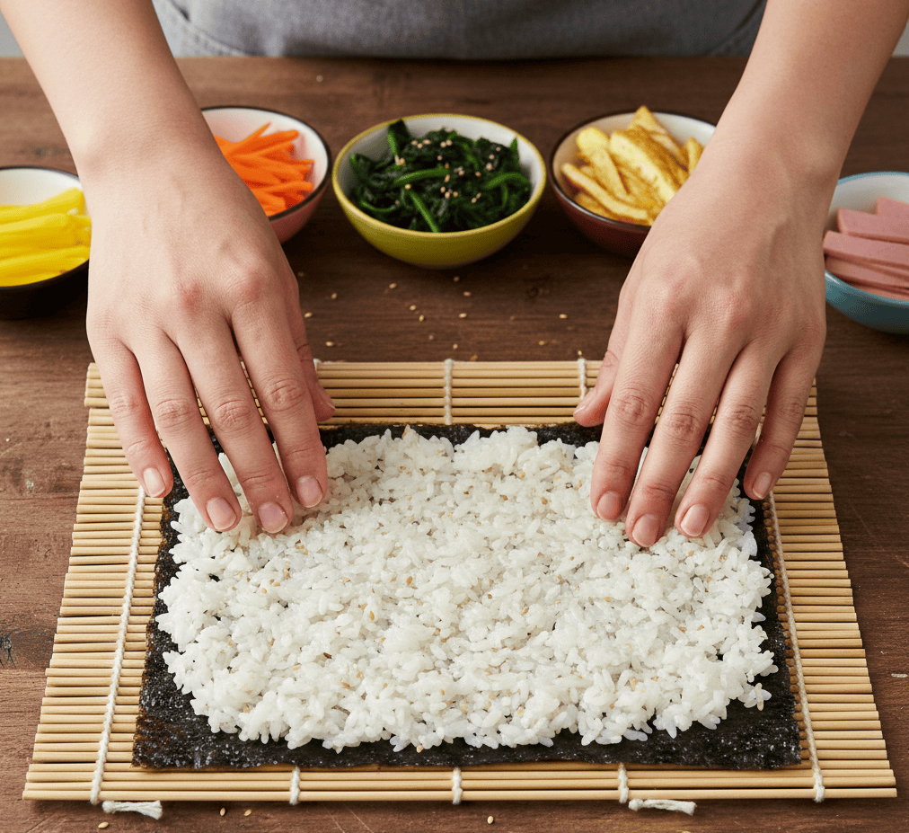 The process of making Kimbap: Spreading seasoned rice over a sheet of seaweed (Gim) on a bamboo rolling mat (Gimbal)