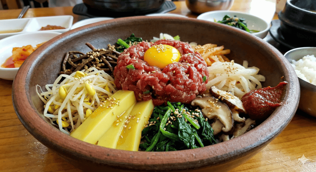 Premium Jeonju-style Bibimbap topped with fresh beef tartare (Yukhoe) and vibrant yellow mung bean jelly (Hwangpomuk)