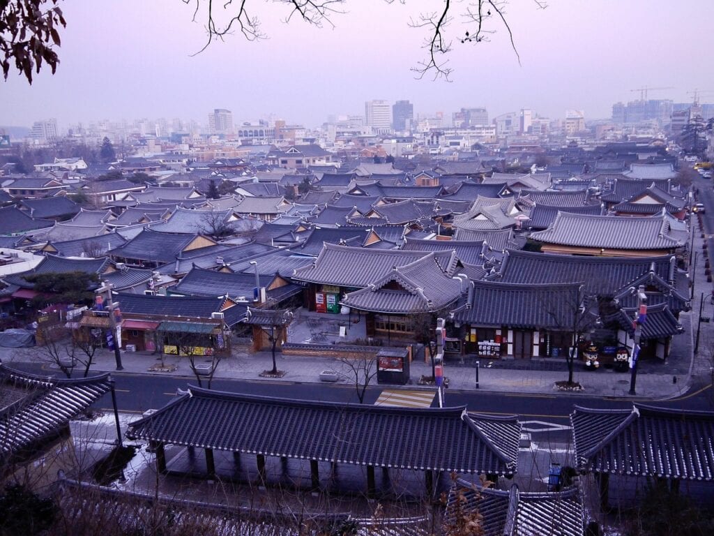 A panoramic view of the traditional tiled roofs at Jeonju Hanok Village.