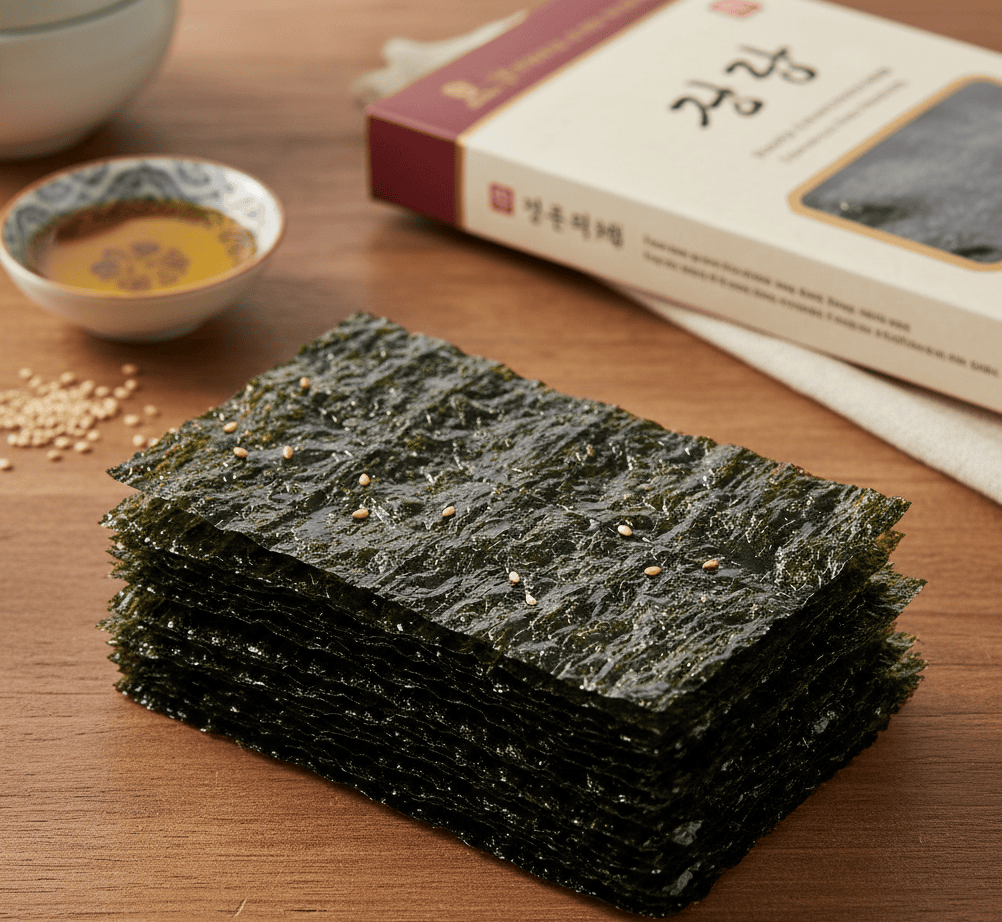 Crispy roasted Korean seaweed (Gim) with a glossy texture from seasoned sesame oil.