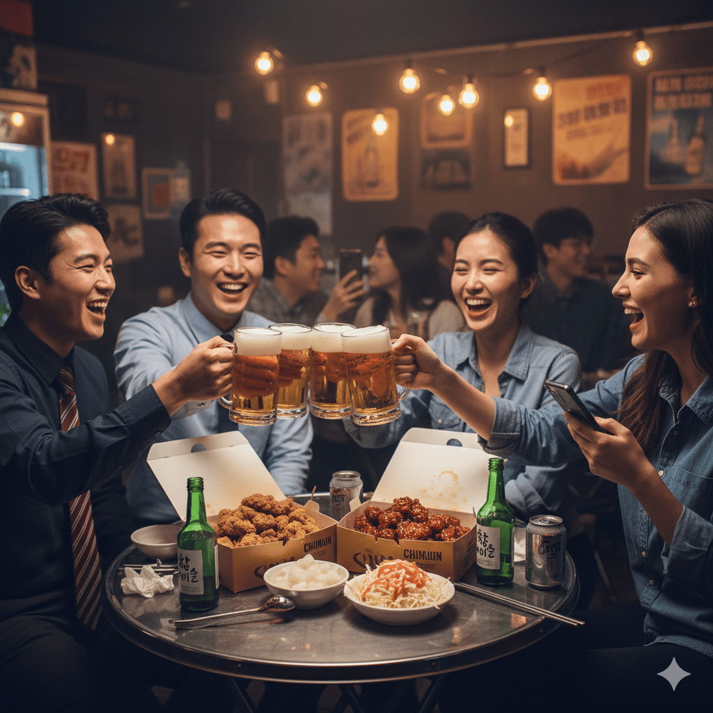 Office colleagues gathered at a lively restaurant after work, clinking beer glasses and enjoying crispy fried chicken (Chimaek)