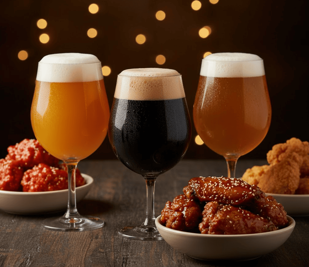 A glass of aromatic golden IPA and a pint of smooth, dark stout beer side by side.