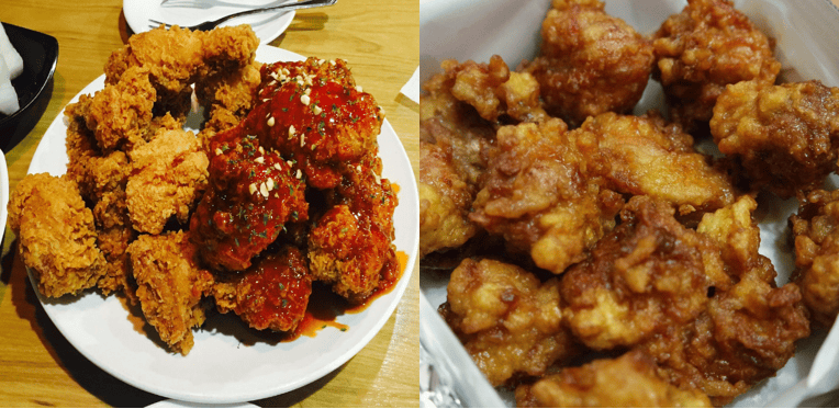 A comparison between classic bone-in Korean fried chicken and bite-sized, crispy boneless chicken.