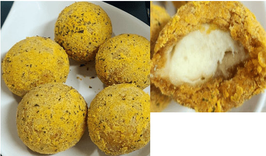 Deep-fried golden cheese balls with stretchy, melted mozzarella cheese inside.