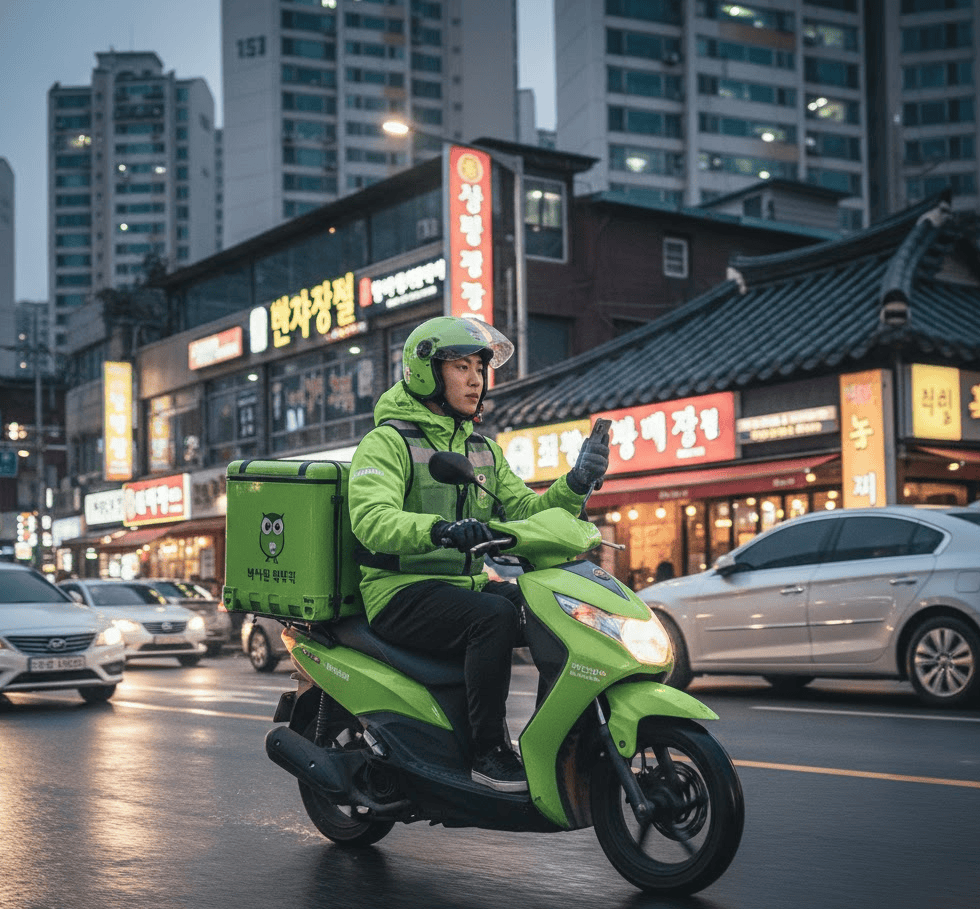A Korean delivery rider efficiently navigating the road, carrying a hot chicken box in the motorcycle's rear trunk.