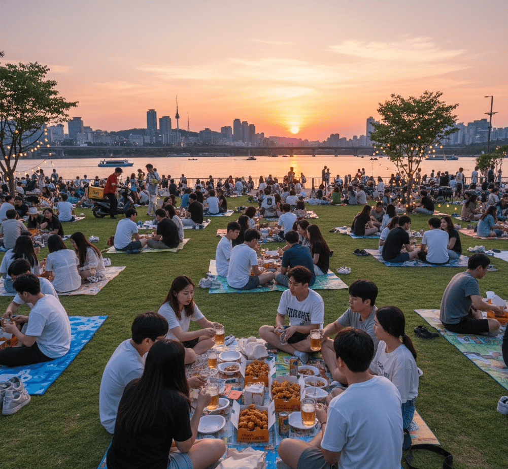A lively summer evening at Han River Park, with crowds of people enjoying fried chicken and beer (Chimaek) on picnic mats.