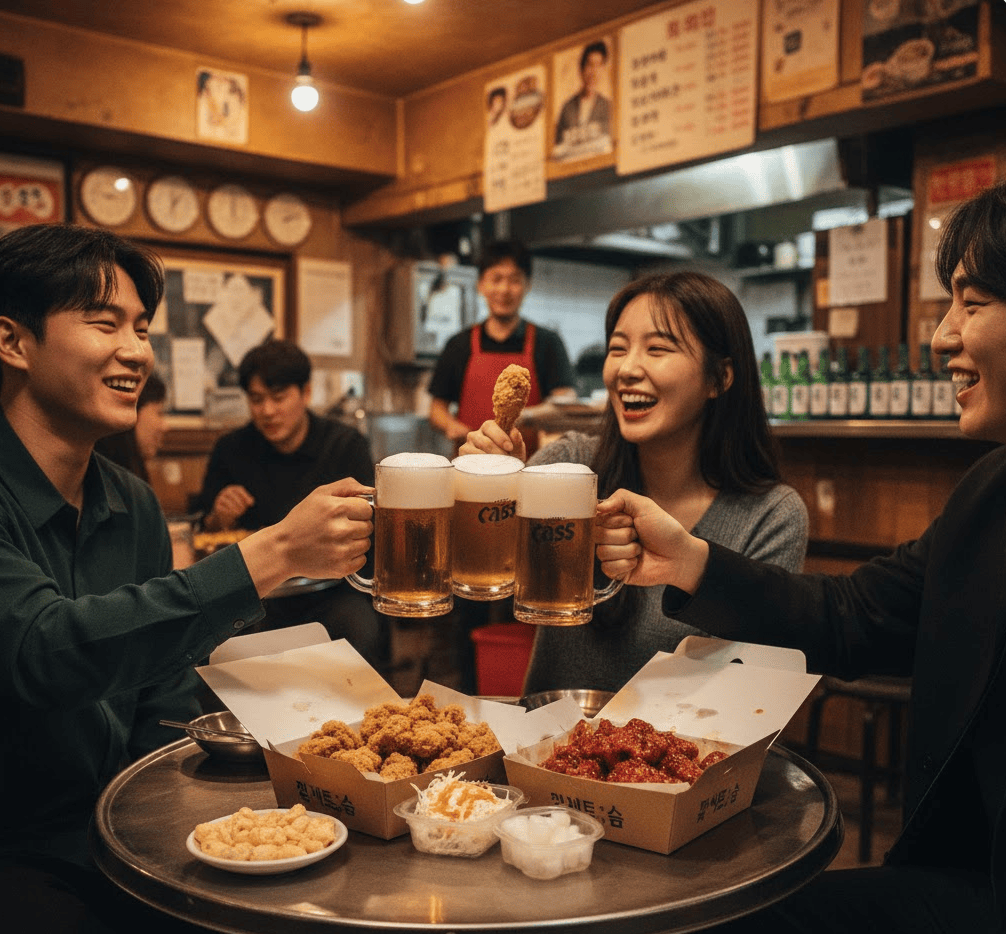 Friends gathered at a cozy local Hof bar, clinking beer glasses and enjoying crispy fried chicken (Chimaek) in a relaxed atmosphere.
